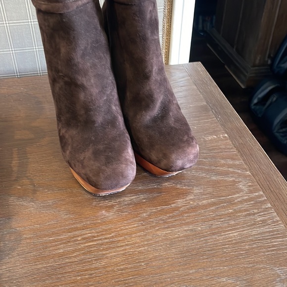 L.A.M.B. Dark Brown Suede and Leather High Stiletto Heel Platform Booties, 8 - Picture 6 of 13